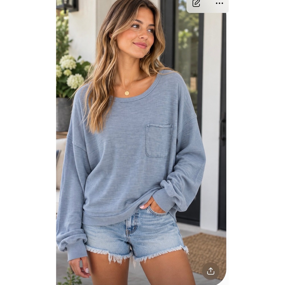 Aerie Blue Lightweight Waffle Knit Sweatshirt Oversized Pocket Slouchy Pullover